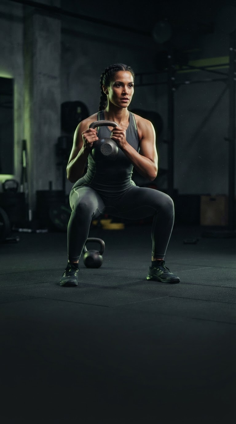A trainee holding a kettlebell in a goblet squat in a dim, modern gym (illustration).
