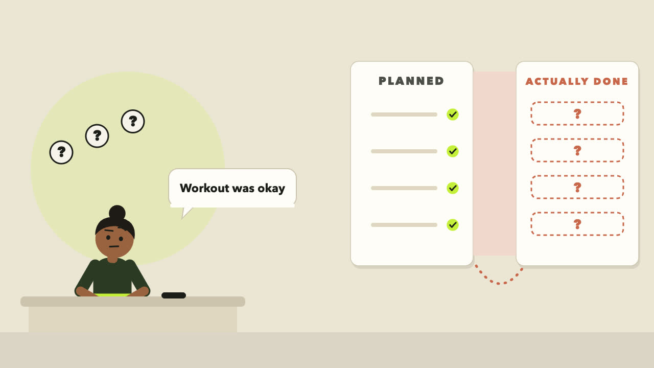 An illustrated scene. Dana, a trainer, puzzles over a vague message that says “Workout was okay”, while her client’s plan and what was actually done sit far apart.