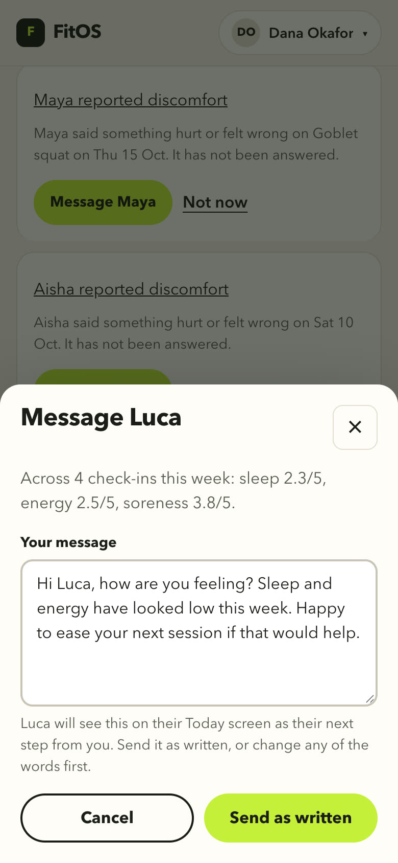 A suggestion for Luca: across four check-ins sleep 2.3 out of 5, with a ready-written message the coach can send as written or change.